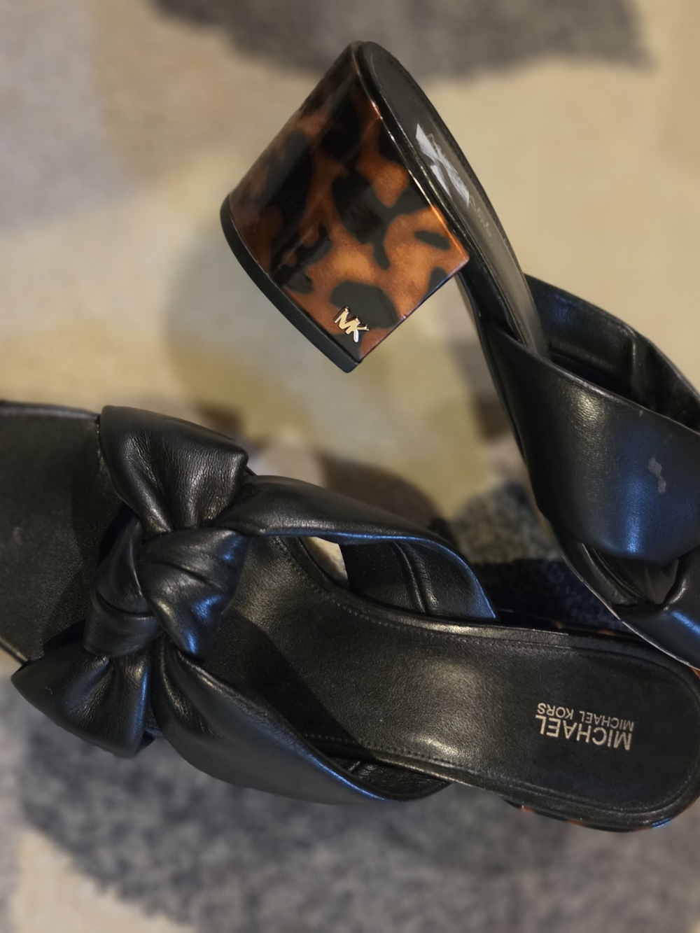 Michael Kors Black Leather Knot Slide with Tortoiseshell Block Heel